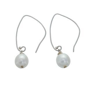 Estate Silver Tone White Pearl Drop Earrings